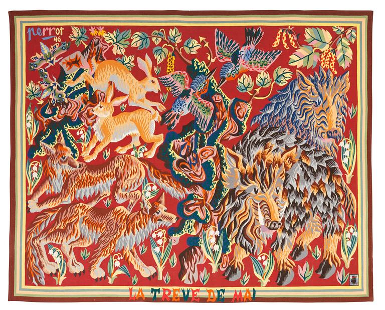 VÄVD TAPET. "La Trêve de Mai". Gobelängteknik. 195 x 243,5 cm. Signerad perrot 46 samt sköld med hand och R B.