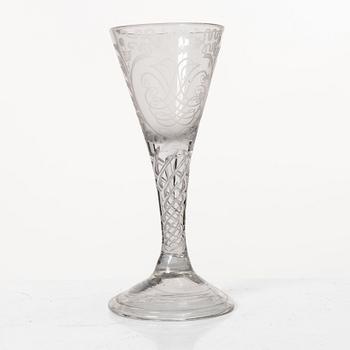 Three spiral-stemmed glasses, 18th Century.