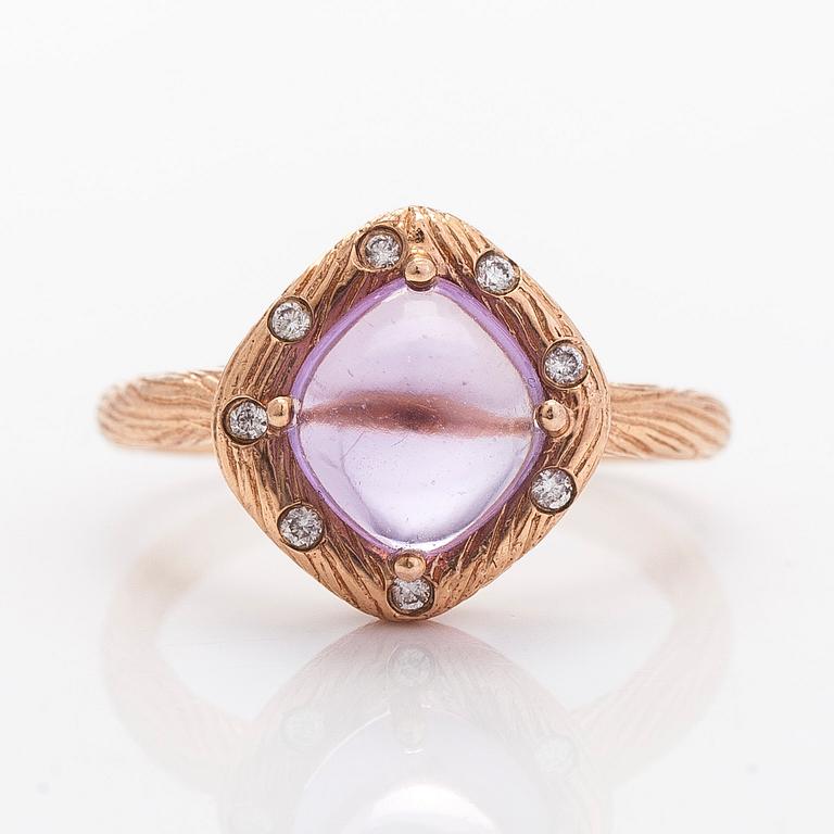 Sormus, 14K ruusukultaa, ametisti ja timantteja.