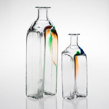 HELENA TYNELL, BOTTLES, 2 PCS. Signed Helena tynell, Riihimäen Lasi Oy. 1970s.