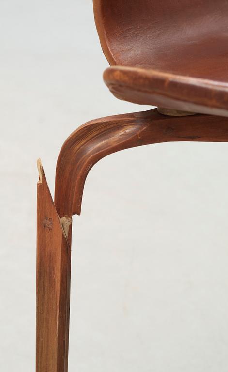 Three Arne Jacobsen teak and brown leather 'Grand Prix' chairs, Fritz Hansen, Denmark 1950's-60's.