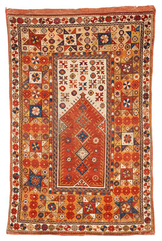 Matto, antique Melas prayer rug, ca 154-158 x 100-106 cm (as well as 1 and 3,5 cm flat weave at the ends), Anatolia.