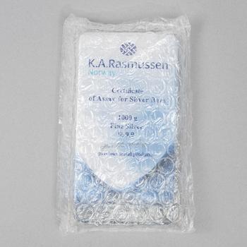 A silver bar, 1000 grams of fine silver, K.A. Rasmussen, Norway.