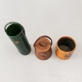 A set of three English leather waste paper basket, umbrella stand and an ice bucket, mid 1900s.