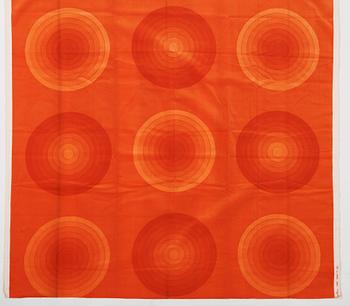 Verner Panton, CURTAINS, 2 PIECES, AND SAMPLERS, 11 PIECES.  Cotton velor. A variety of orange nuances and patterns. Verner Panton.