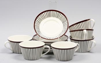 TEKOPPAR med FAT, 6 st, benporslin, "Spisa Ribb", Stig Lindberg, Gustavsberg, 2000-tal.
