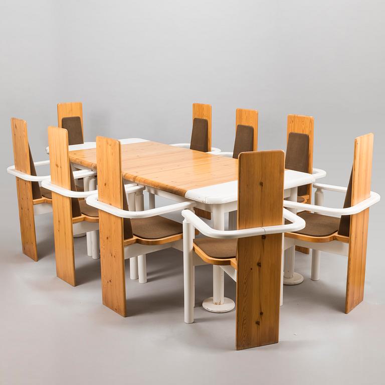 EERO AARNIO, PÖYTÄ JA TUOLEJA, 9 kpl, "Viking", Pan Puu, 1980-luvun alku.