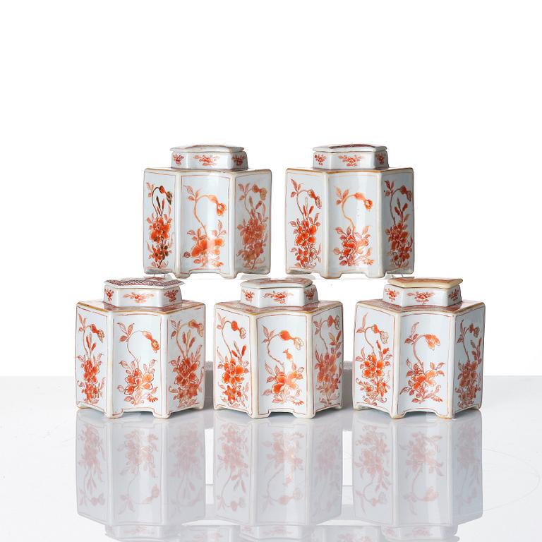 A 'rouge de fer' six piece tea caddy set, Qing dynasty, early 18th Century.