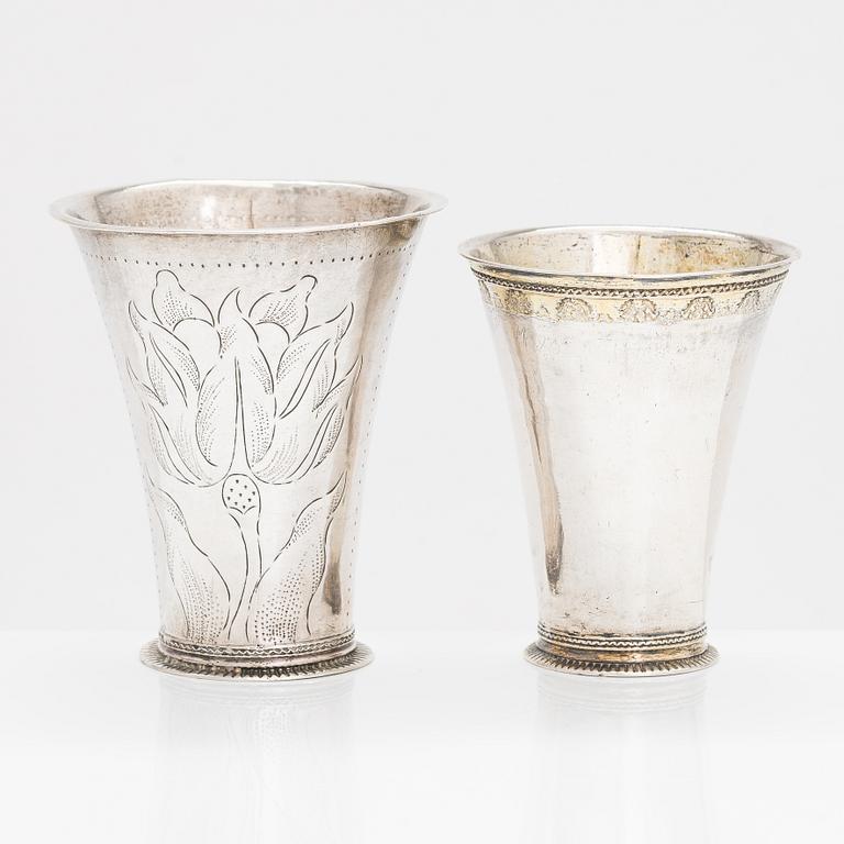 Two 18th-century Swedish silver beakers, Petter Zettersteen 1712-44 and Nils Orstedt, 1756.