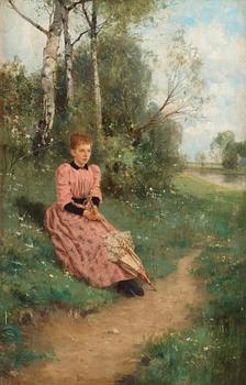 414. Louis Lang, Summer landscape with young woman.