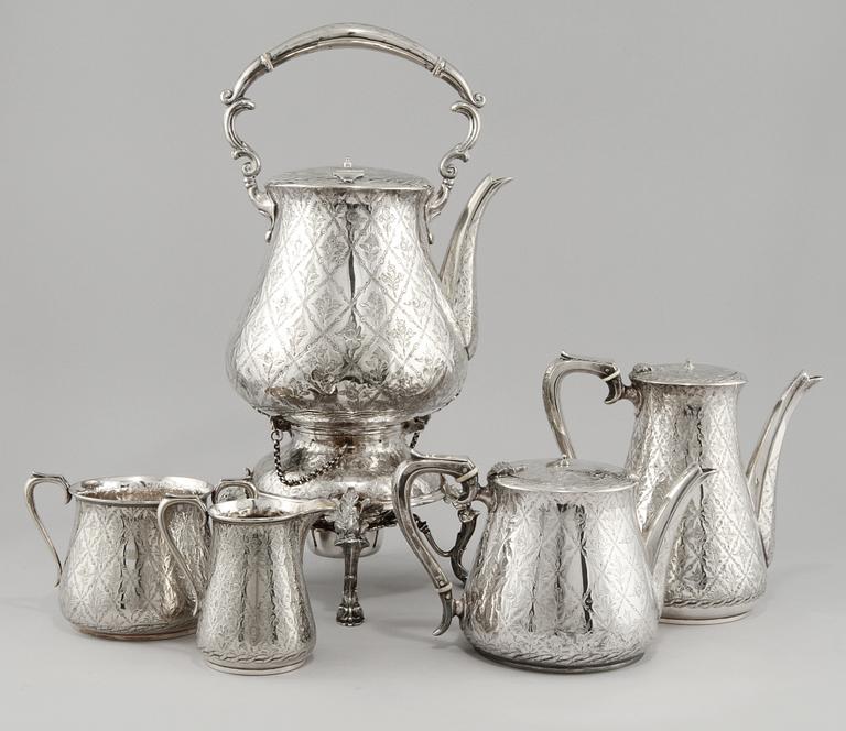 TE och KAFFESERVIS, 5 delar, pläter, Martin Hall & Co., Sheffield, omkring år 1900.