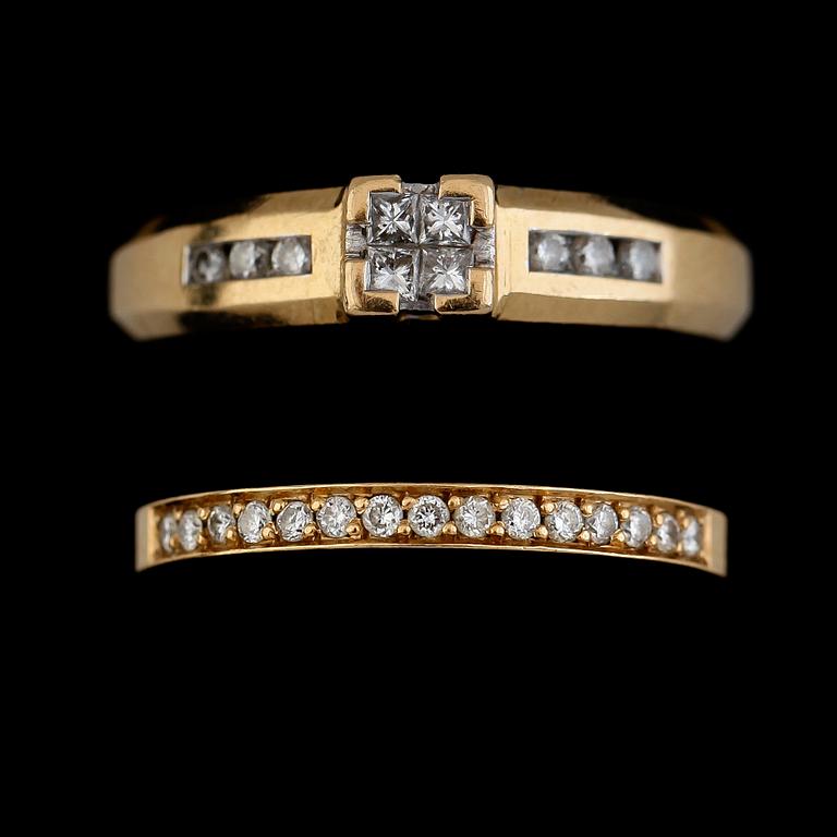 RINGAR, 2 st, 18K guld, briljant- och princesslipade diamanter. Total vikt ca 7 g.