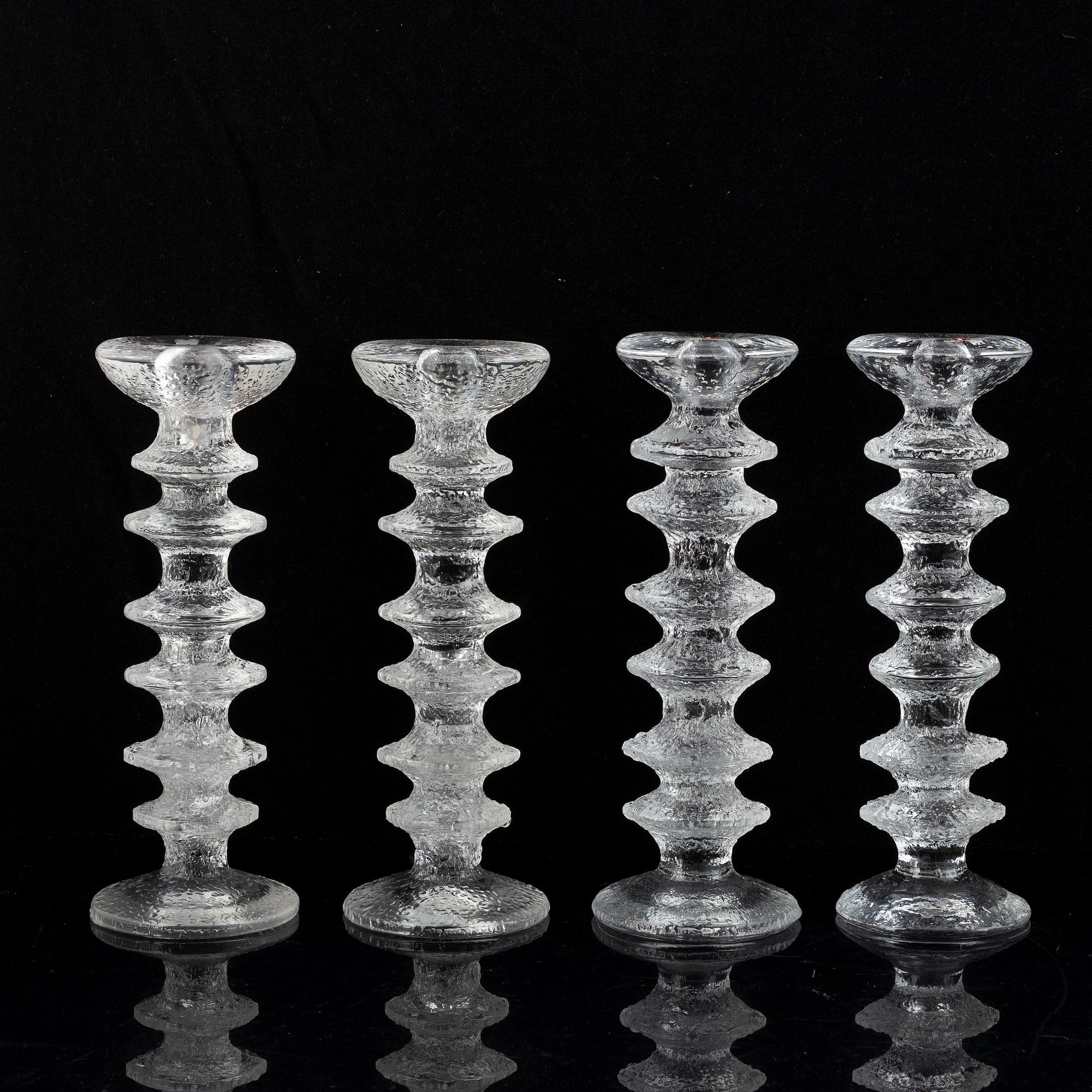 Timo Sarpaneva, a set of five glass candle sticks, 'Festivo', Iittala, Finland. Designed 1966.