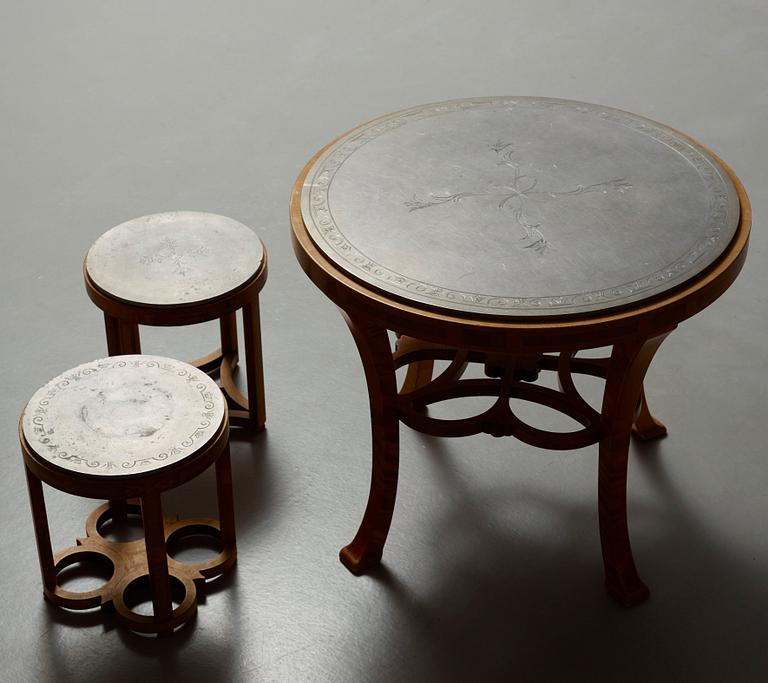 A set of three Swedish grace pewter top tables, Ystad Metall, 1932.