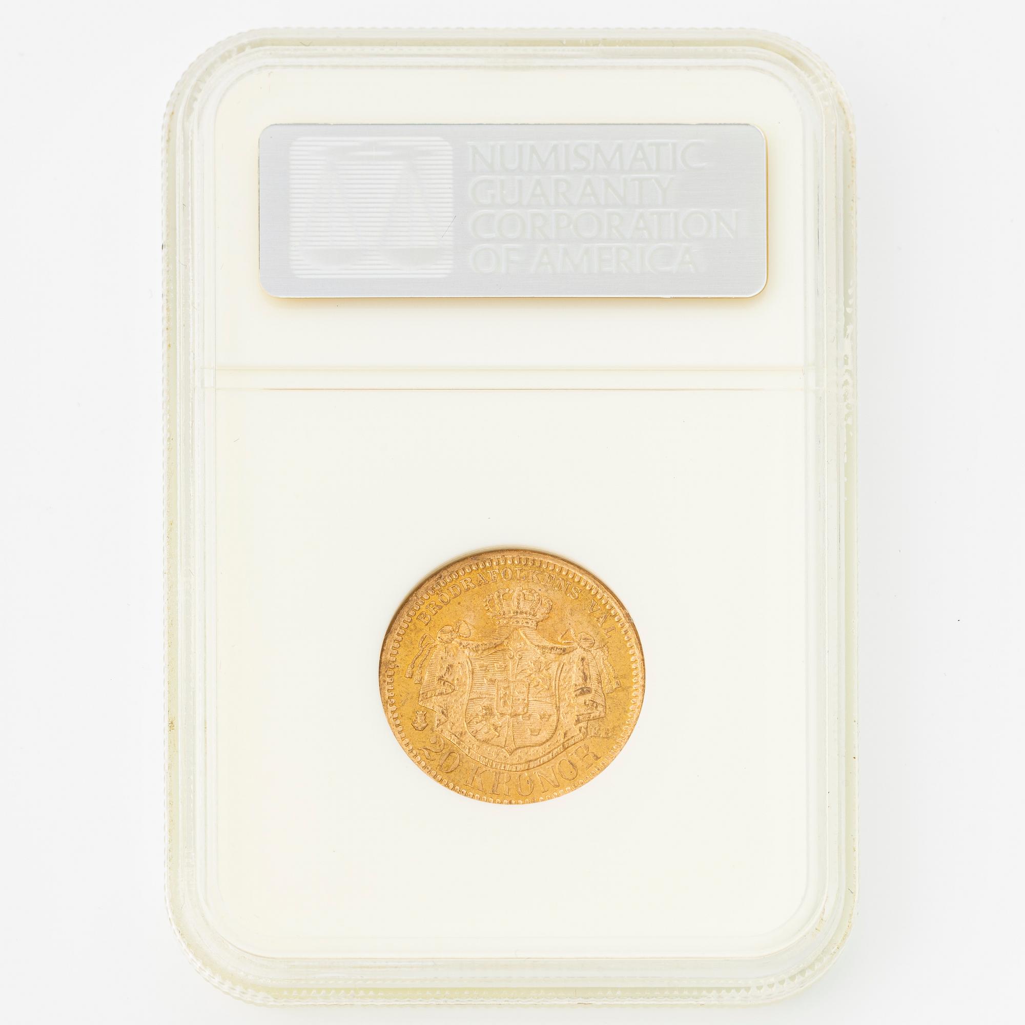 Guldmynt, Oscar II, 20Kr, Typ III, Sverige 1878.