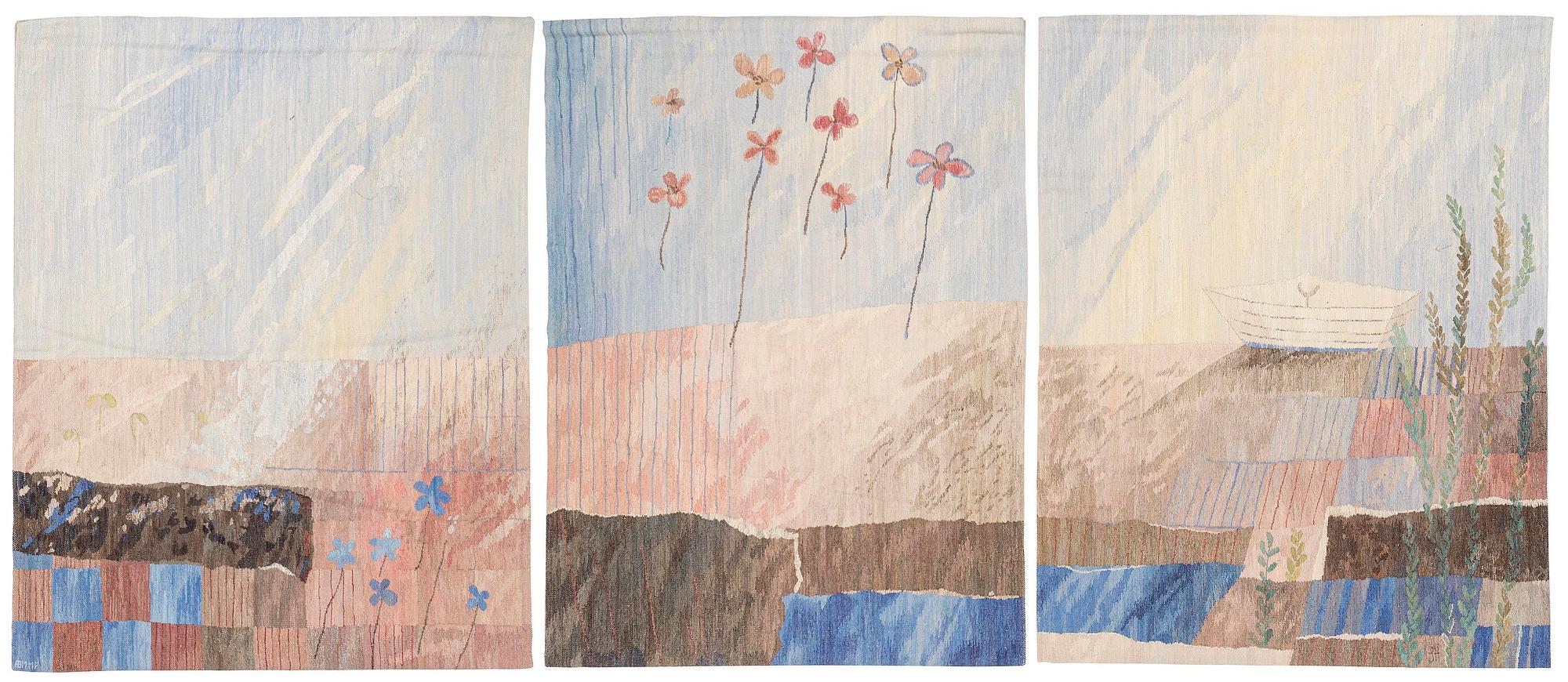 Susanne Henriques, a tapestry triptych, 'Strukturerad natur' c. 223 x 176 (one 165) cm, signed AB MMF SH.