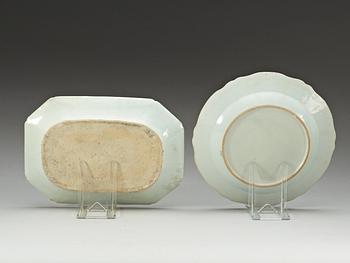 A set of five famille rose 'double peacock' plates and a serving dish, Qing dynasty, Qianlong (1736-95).
