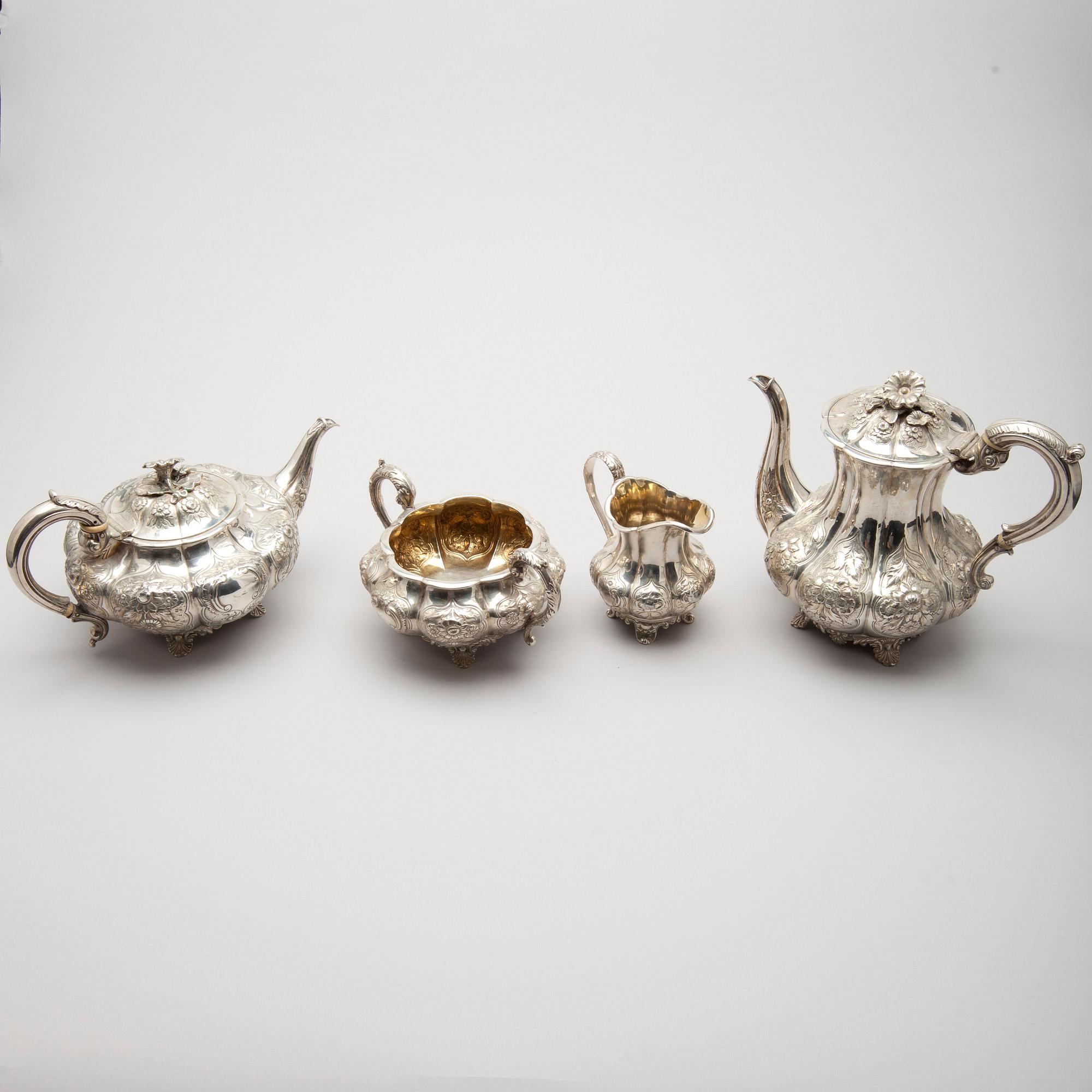 KAFFE- / TESERVIS, 4 delar, silver, London 1836, England.  Tot. vikt ca 2224 g.