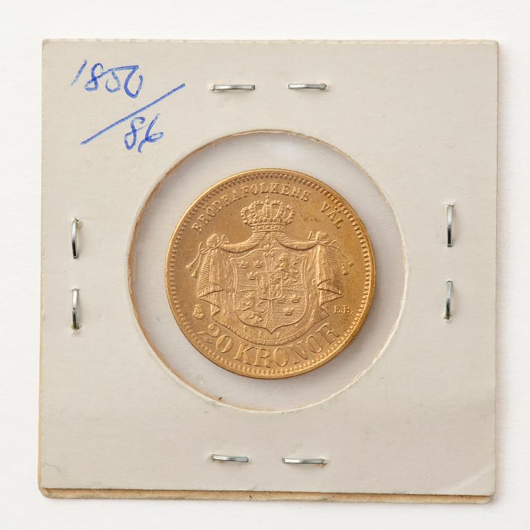 Gold coin, Oscar II, Sweden, 20 kronor, 1876.