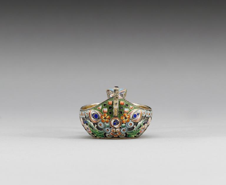 A RUSSIAN PARCEL-GILT AND ENAMEL KOVSH, makers mark of the 11th Artel, Moscow 1908-1917.