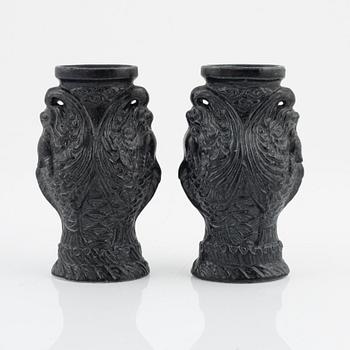 A pair of Chinese double dragon-fish vases with seal marks, 20th Century.