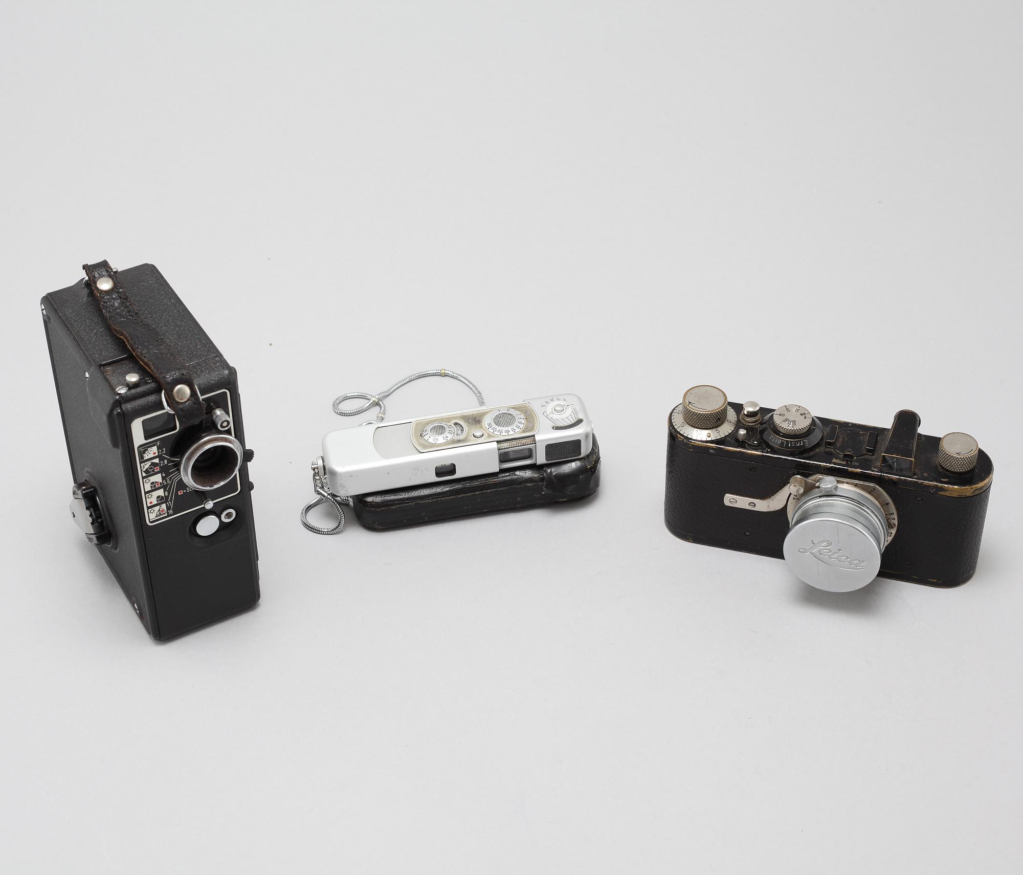 Three cameras, partly Leica I camera, model A, Elmar, 1930s.