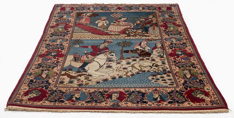 A semi-antique pictoral Kashan rug, Central Persia, c. 219 x 137 cm.