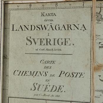 KARTA öfver Landswägarna i Sverige av Carl Akrell år 1811.