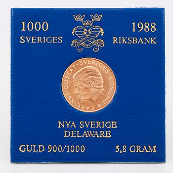 GULDMYNT, 1000 kr, Nya Sverige Delaware, Carl XVI Gustaf, 1988. Vikt ca 5,8 g.