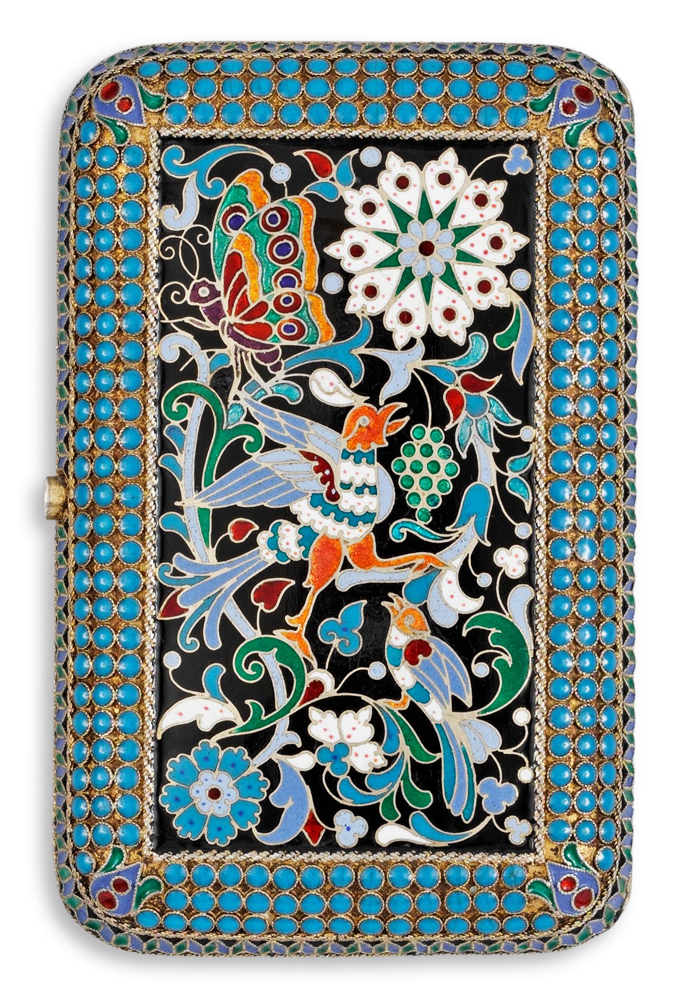A RUSSIAN SILVER-GILT AND ENAMEL CIGARETT-CASE, makers mark of Pavel Ovchinnikov, Moscow 1880's.