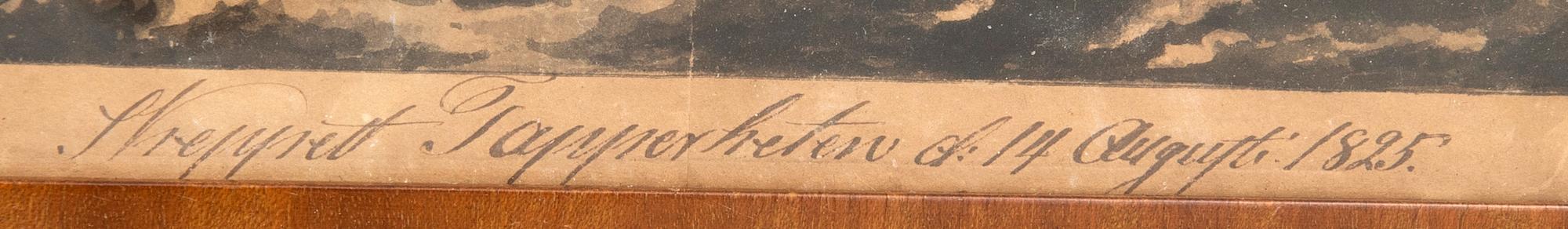 Okänd konstnär 1800-tal,  "Skeppet Tapperheten i storm utanför Londonderry, Irland, d 14 augusti 1825".