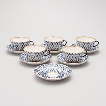 A 9-piece 'Cobalt net' porcelain tea set from Lomonosov, USSR.