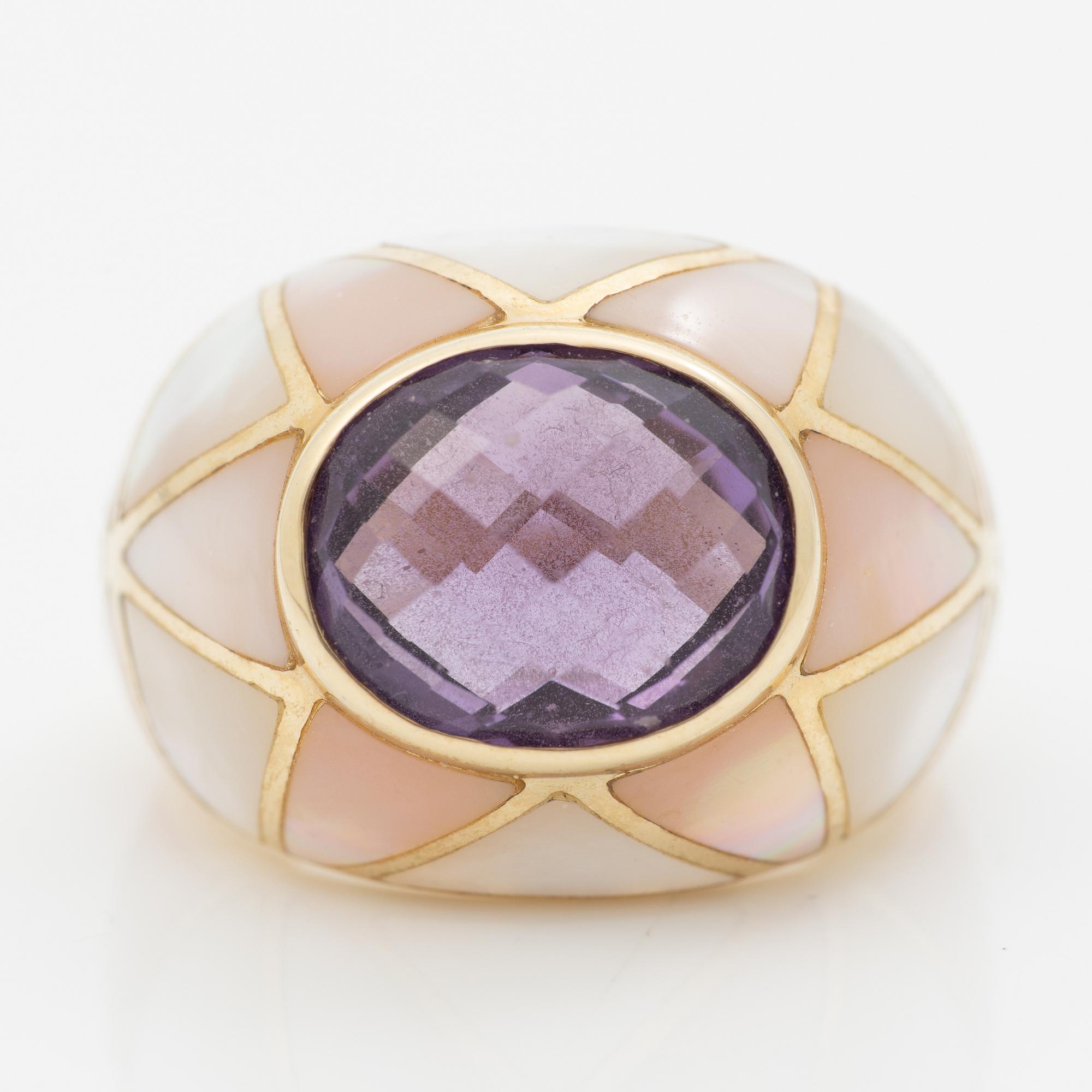 14K gold ring with mother-of-pearl and an oval checker-cut amethyst.