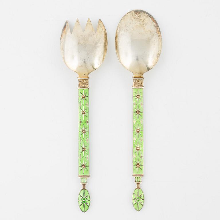 A pair of Norwegian silver-gilt and enamel serving cutlery by J Tostrup, mid 20th Century.