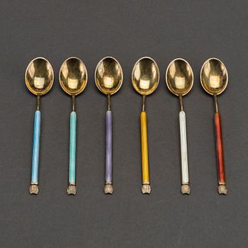 A danish set of six silver and enamel spoons mark of A Michelsen Denmark 20th century, weight ca 66 gr.