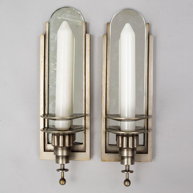 WALL LIGHTS, a pair of 1930's white metal and mirror glass.