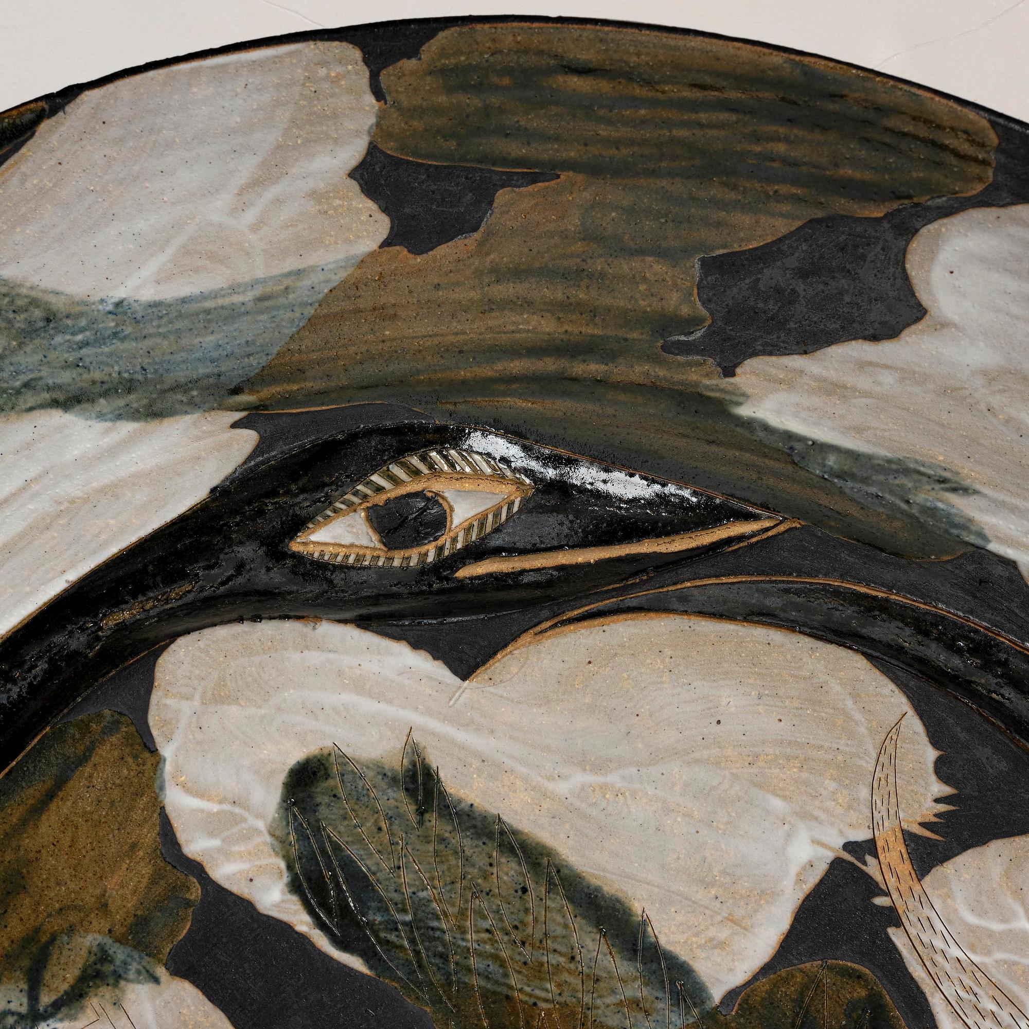 Eva Bengtsson, a large decorative chamotte stoneware dish, own studio, Frillesås, 1990s.