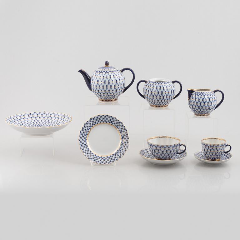 Tea and coffee service, 34 pieces, porcelain, "Cobalt Net", Lomonosov, Soviet Union.