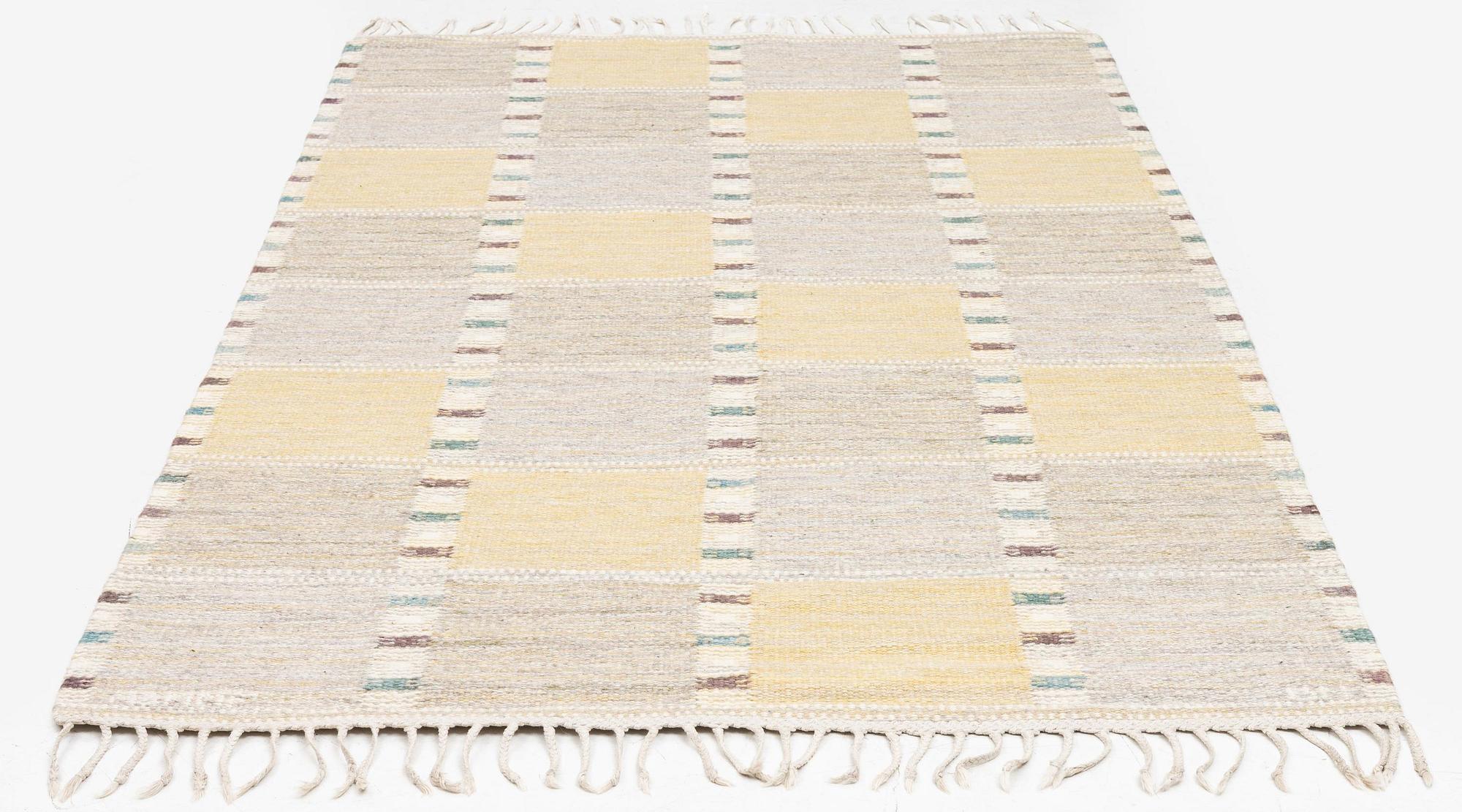 Barbro Nilsson, a carpet, 'Falurutan gul S', flat weave, c. 223 x 115 cm, signed AB MMF BN.