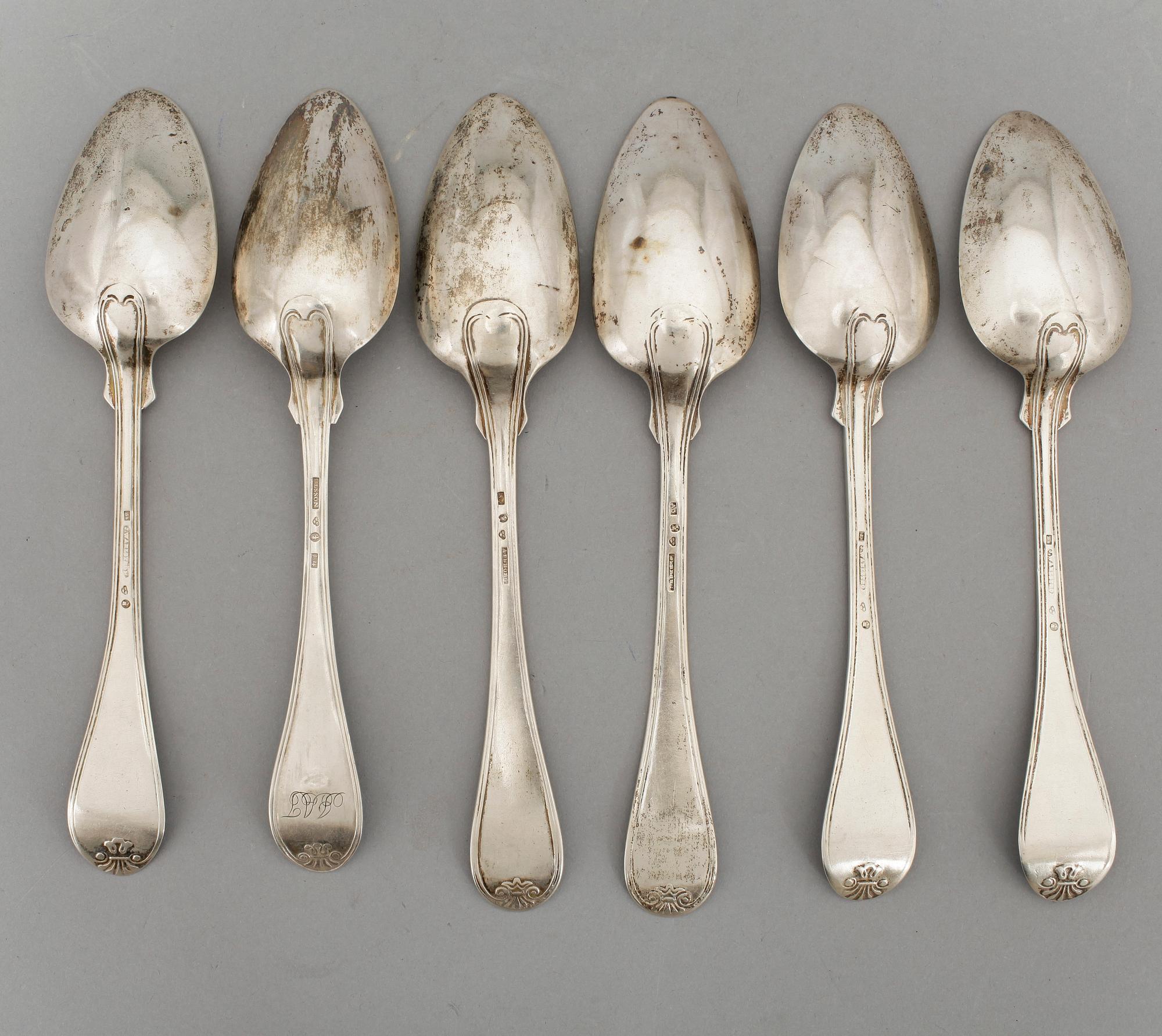 MATSKEDAR, 6 st snarlika, silver, bland annat Johan Wahlström, Jönköping. 1800-tal. Vikt ca 380 cm.