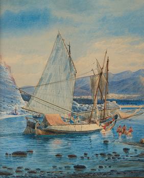 Jacob Hägg, Coastal landscape with anchored ships.