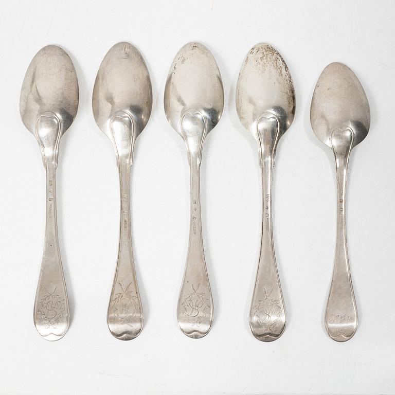 Five Swedish silver tablespoons, Stockholm, 1800–1825.