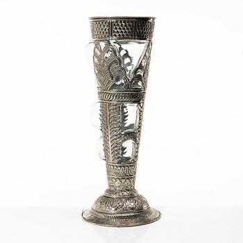 Vase, glass, and white metal, unmarked, 20th century.