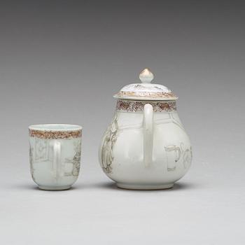 A grisaille and gold tea pot with cover and cup, Qing dynasty, Yongzheng (1723-35).