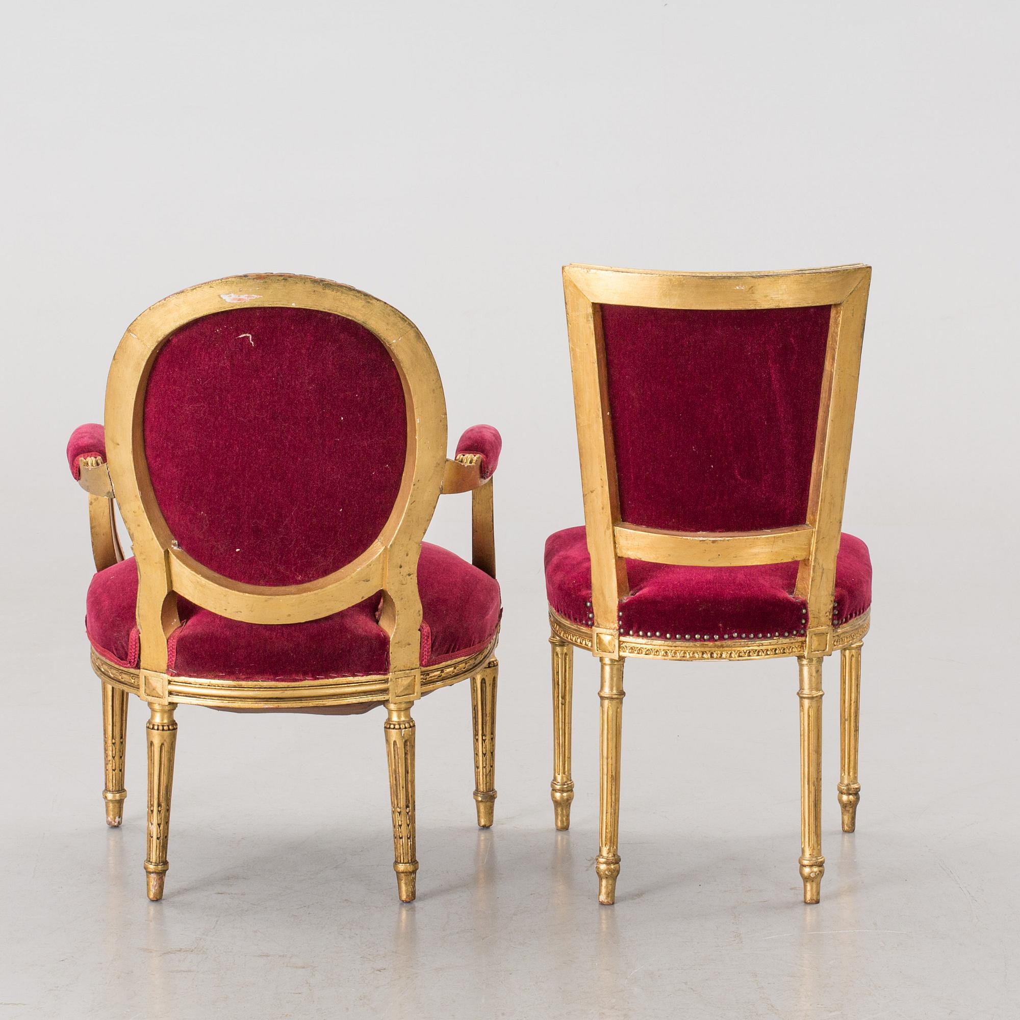 An Gustavian-style chair and armchair, early 1900's.