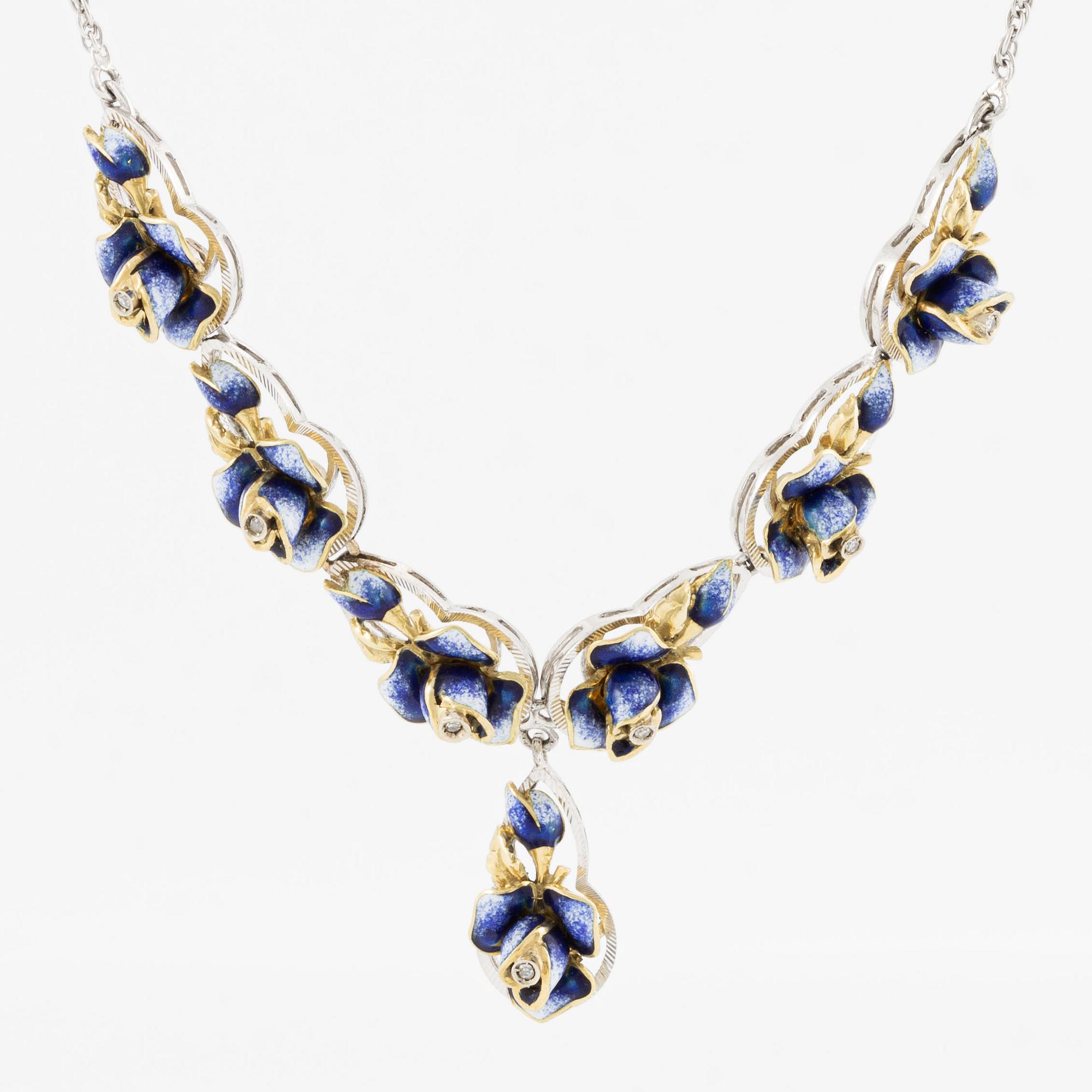 Necklace, 18K white gold with enamel and small diamonds.