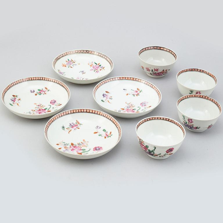 Six (4+2) cups with five (5+1) saucers, and three blue and white bowls, Qing dynasty, Qianlong (1736-95).