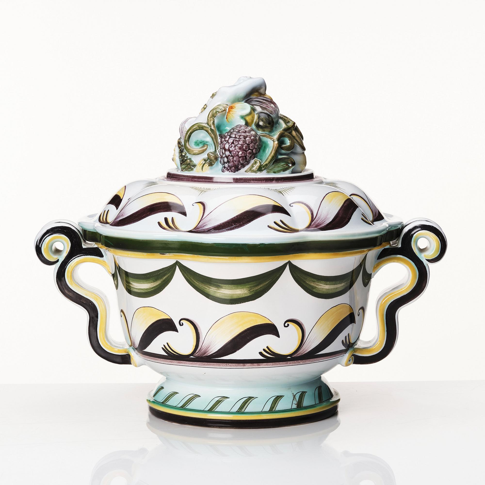 Arthur Percy, a Swedish Grace  lidded faience bowl and a pair of candlesticks,  Gefle Porslinsfabrik 1920s-1930s.