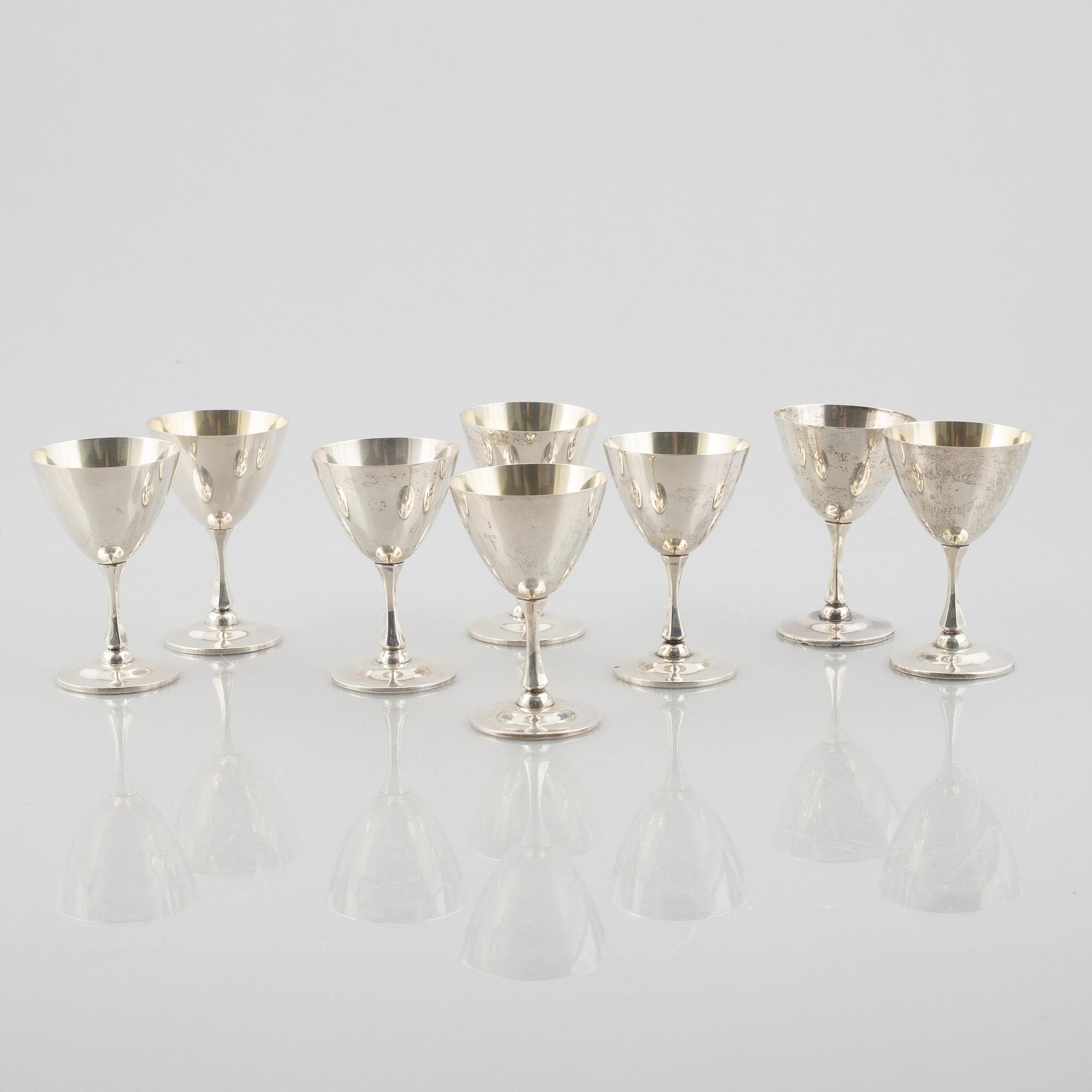 Glasses, 8 pcs, sterling silver, around the mid-20th century.