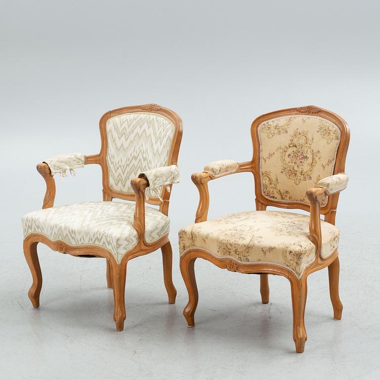 Armchairs, a pair, Rococo style, Taserud, Arvika, Sweden, mid 20th Century.